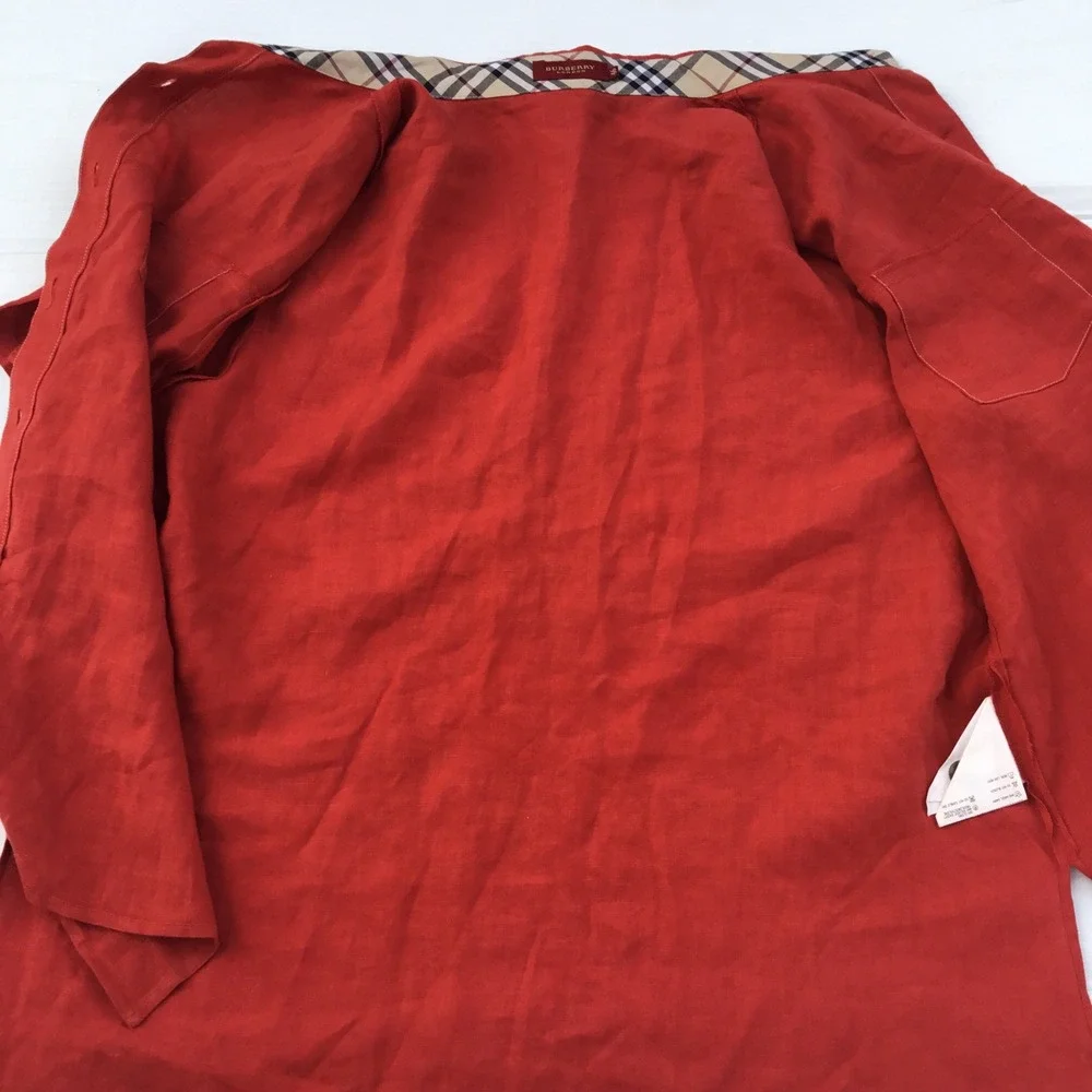 Burberry London Red 100% Linen Short Sleeve Button Down Shirt Nova Check Trim 46